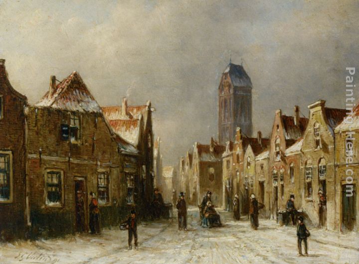 Figures in the streets of a snow covered dutch town painting - Pieter Gerard Vertin Figures in the streets of a snow covered dutch town art painting